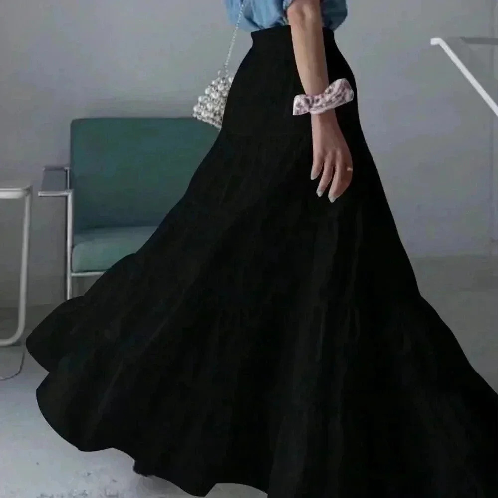 Black Casual Women's Solid Color A-Line Loose Skirt